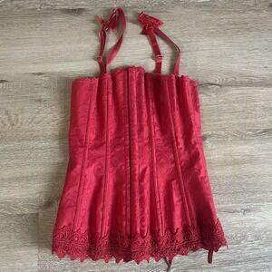 Frederick's Of Hollywood Corset Womens XS 32 Red Jacquard Overbust Lace Up